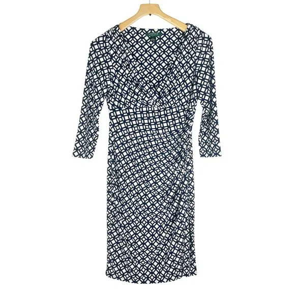 Lauren Ralph Lauren V-Neck Faux Wrap Dress Navy White Size 6 - Picture 2 of 15